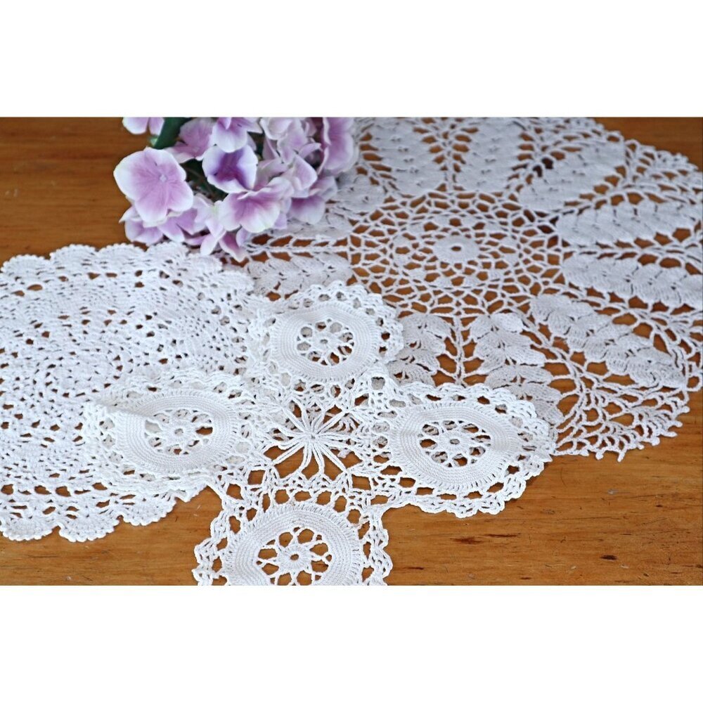 3 Doilies Doily Crocheted Doily White & Ecru  Vintage Doilies  V23